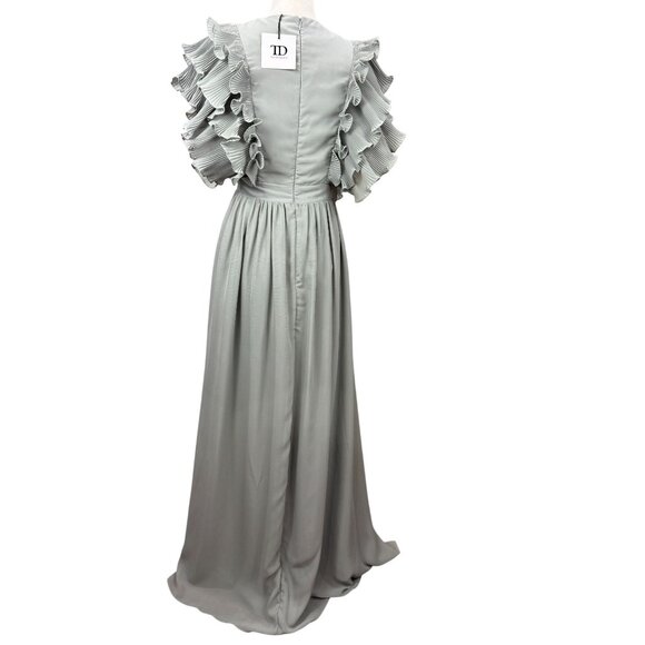 NEW TRUE DECADENSE Womens Sz 10 Gray Cap Ruffle Sleeve V-Neck Evening Maxi Gown - Picture 6 of 16
